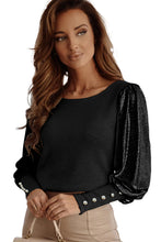 Load image into Gallery viewer, Black Buttoned Cuffs Shiny Puff Sleeves Top
