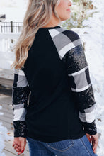 Load image into Gallery viewer, Black Sequin Plaid Patchwork Raglan Sleeve Top
