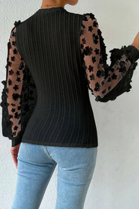 Black Floral Applique Mesh Sleeves Textured Knit Blouse