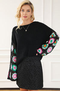 Black Floral Crochet Bell Sleeve Loose Sweater