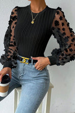 Load image into Gallery viewer, Black Floral Applique Mesh Sleeves Textured Knit Blouse
