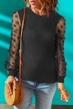 Load image into Gallery viewer, Black Floral Applique Mesh Sleeves Textured Knit Blouse
