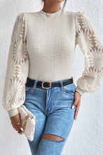 Load image into Gallery viewer, Beige Sunflower Mesh Bubble Sleeve Waffle Knit Top
