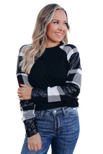 Load image into Gallery viewer, Black Sequin Plaid Patchwork Raglan Sleeve Top
