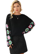 Load image into Gallery viewer, Black Floral Crochet Bell Sleeve Loose Sweater
