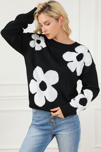 Black Big Flower Pattern Knit Sweater