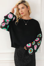 Load image into Gallery viewer, Black Floral Crochet Bell Sleeve Loose Sweater
