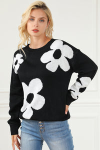 Black Big Flower Pattern Knit Sweater