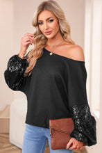 Load image into Gallery viewer, Black Sequin Patchwork Sleeve Open Back Waffle Knit Top
